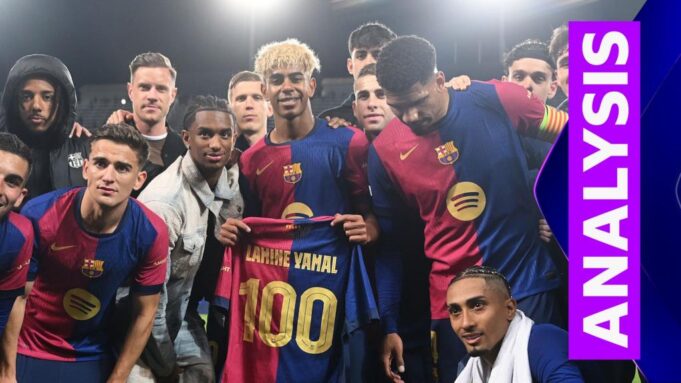 Lamine Yamal celebrates his 100th performance for Barcelona
