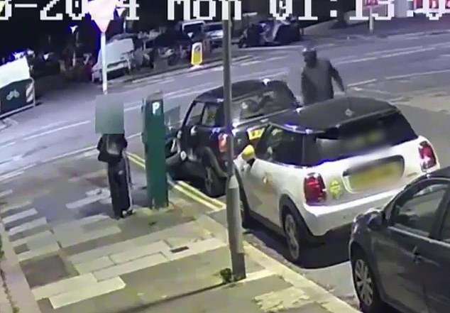 Bukti video mengerikan yang dimainkan di pengadilan menunjukkan Cameron Boxall, 22, ketika ia mencoba menyeret wanita muda itu (kiri) ke Mini Cooper yang dicuri sebelum mengemudi