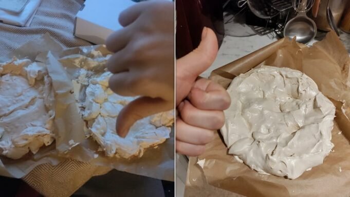 Retak, rapuh, menangis meringues di sebelah kanan; basis meringue yang lebih kencang dan mengkilap di sebelah kiri