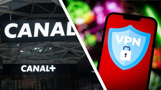 Canal Plus Logo Office Fasad Building, di Issy Les Moulineaux (Prancis) di sebelah kiri, logo VPN di layar smartphone di sebelah kanan