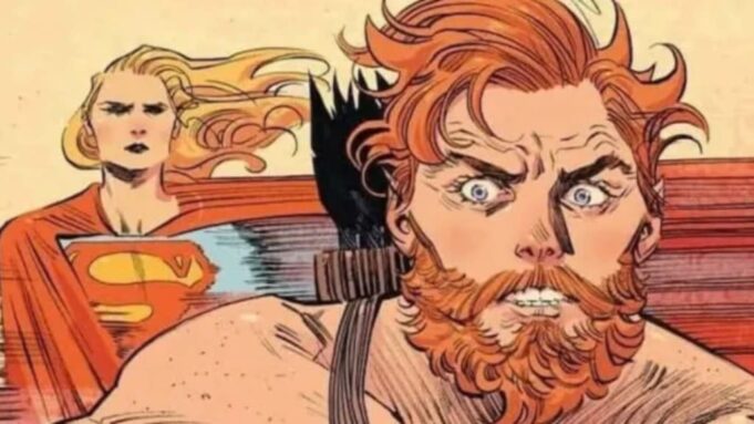 Panel komik DC yang menampilkan film Kara Zor-El cepat di belakang Krem in Supergirl: Woman of Tomorrow