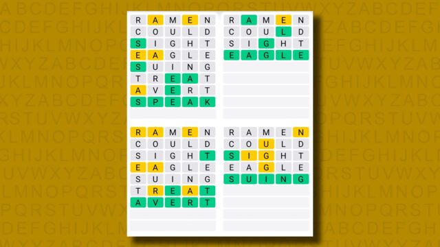 Jawaban Quordle untuk Game 1250 dengan latar belakang kuning