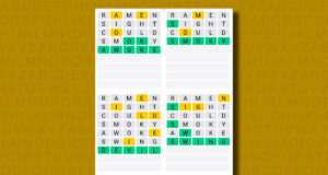 Jawaban Quordle untuk Game 1251 dengan latar belakang kuning
