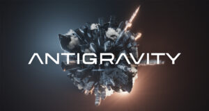 A futuristic urban scape in the tiny planet style, with the 'Antigravity' brand logo