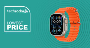 The Apple Watch Ultra 2 on a green background with text saying Lowest Price.
