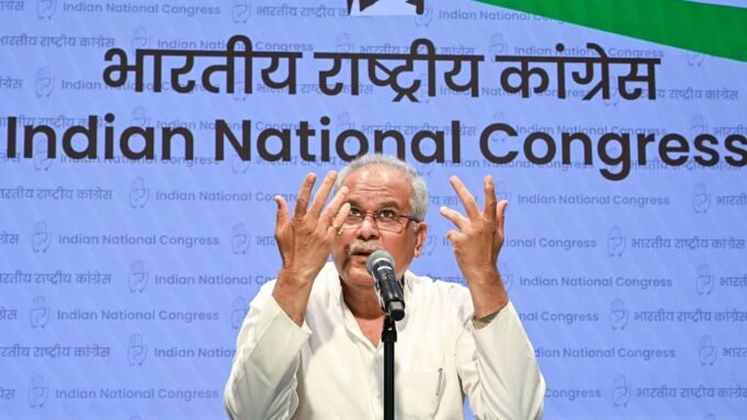 FILE PHOTO: Congress leader and former Chhattisgarh Chief Minister Bhupesh Baghel addresses a press conference, at Indira Bhavan in New Delhi.