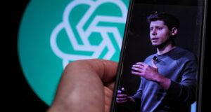 Sam Altman and ChatGPT logo.