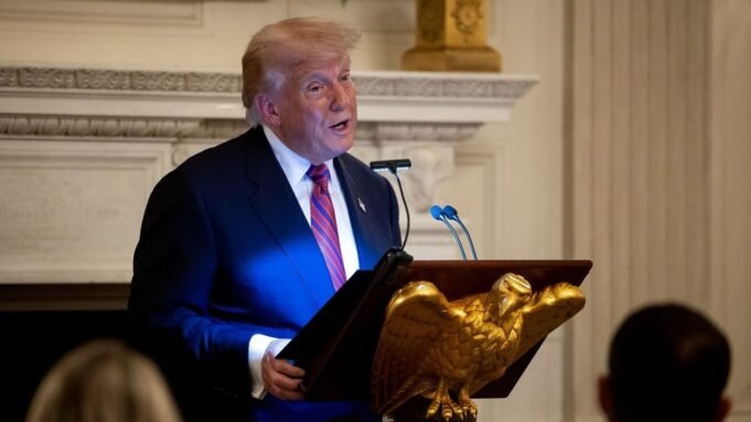 US President Donald Trump speaks during a dinner with Republican Senators in the State Dining Room of the White House in Washington, DC, US, on Friday, July 18, 2025. 