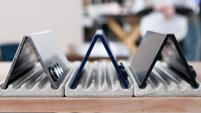 Three Samsung Galaxy Z Fold 7 devices partially closed in a tent like way