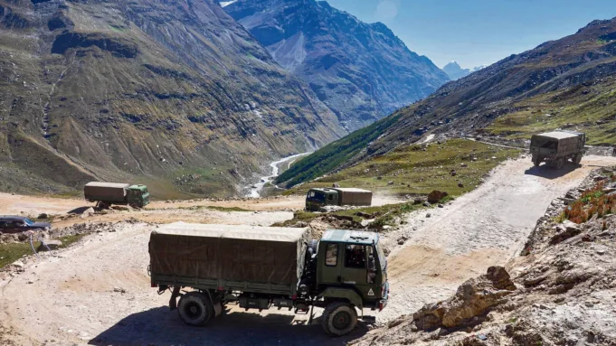 An army convoy carrying military material on its way to Ladakh.