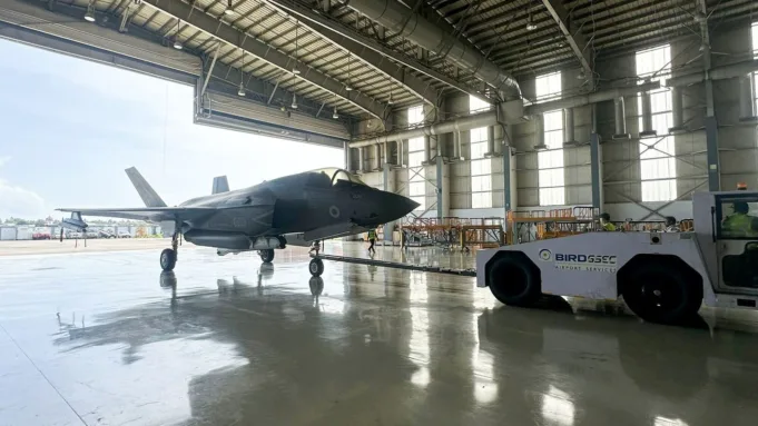 UK F35B aircraft moved to hangar, following an emergency landing on June 14, in Thiruvananthapuram. (UK Defence in India X/ANI Photo)