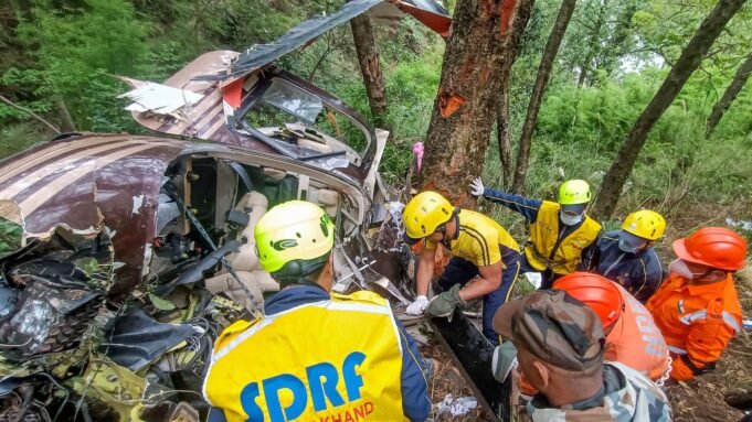 FILE PHOTO: SDRF personnel carry out rescue work after a helicopter carrying six people to Gangotri Dham crashed near Gangnani, in Uttarkashi district, on May 8, 2025.  