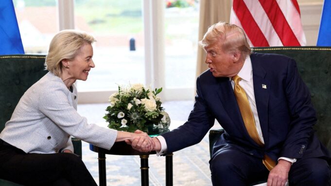 President Donald Trump shakes hands with European Commission President Ursula von der Leyen after an announcement of a trade deal between the US and EU. 