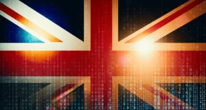 British flag and binary code graphic background