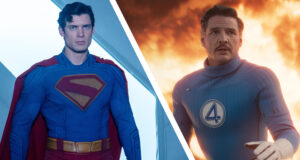 David Corenswet as Superman on the left, Pedro Pascal as Reed Richards on the right