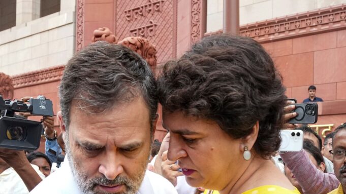 New Delhi: Leader of Opposition in the Lok Sabha Rahul Gandhi and Congress MP Priyanka Gandhi Vadra during the Monsoon session of Parliament, in New Delhi, Thursday, July 31, 2025. (PTI Photo/Ravi Choudhary) (PTI07_31_2025_000083B)