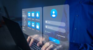 Secure online access with password and login page to manage personal profile account. Secured connection and data security on internet. Cybersecurity and sign in form. User working on laptop computer.