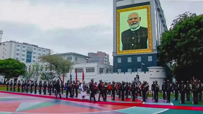 In this screengrab via PMO website, Prime Minister Narendra Modi during his ceremonial welcome, in Male, Maldives, Friday, July 25, 2025.