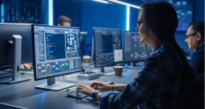People coding in a business environment.