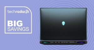 Alienware 16 area-51 gaming laptop on purple background with big savings text overlay