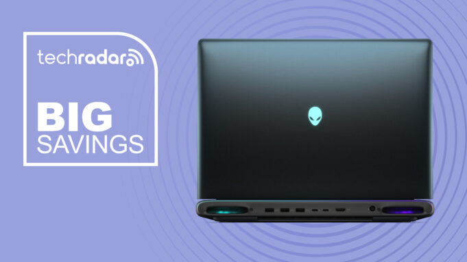 Alienware 16 area-51 gaming laptop on purple background with big savings text overlay
