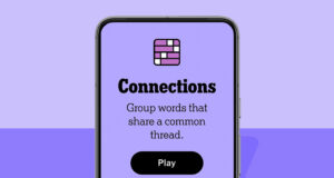 NYT Connections homescreen on a phone, on a purple background