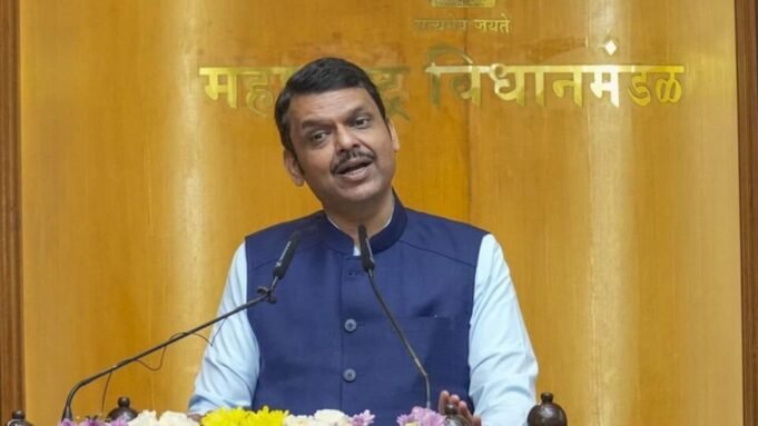 FILE PHOTO: Maharashtra Chief Minister Devendra Fadnavis speaks during a ceremony held in Chief Justice of India BR Gavai's honour by the Maharashtra legislature, at Vidhan Bhavan, in Mumbai, on July 8, 2025.