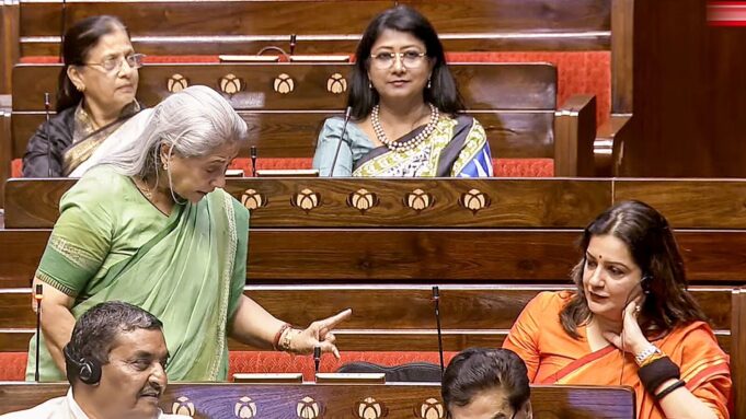 Samajwadi Party MP Jaya Bachchan speaks as Shiv Sena (UBT) MP Priyanka Chaturvedi looks on during a debate in the Rajya Sabha on the Pahalgam terror attack and Operation Sindoor, at the Monsoon session of Parliament, in New Delhi, Wednesday, July 30, 2025. (Sansad TV via PTI Photo)