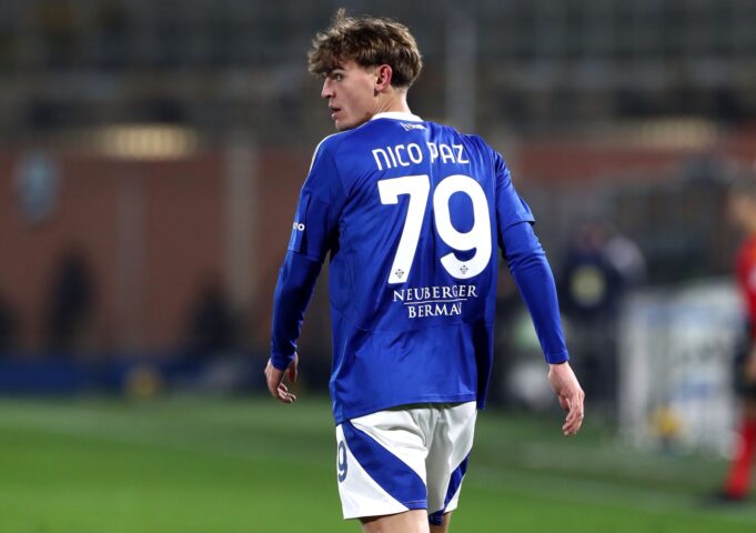 Nico Paz of Como 1907 looks o during the Serie A match between Como 1907 and Juventus at Stadio G. Sinigaglia on February 07, 2025 in Como, Italy.