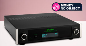 The McIntosh CR106 on a white surface, with a sign saying Money No Object