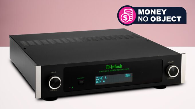The McIntosh CR106 on a white surface, with a sign saying Money No Object