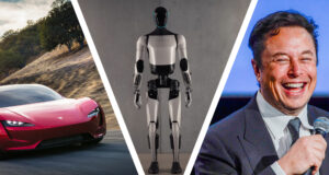 A Tesla Roadster, Optimus Robot and Elon Musk