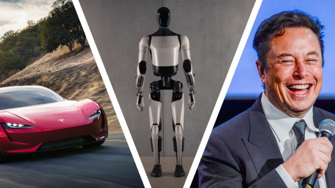 A Tesla Roadster, Optimus Robot and Elon Musk