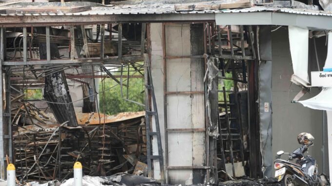 A convenience store at a gas station is damaged after Cambodia fired artillery shells in Sisaket province, Thailand, Friday, July 25, 2025.