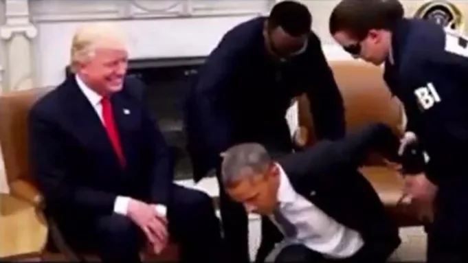 The clip ends with a fictional scene of Obama in jail, dressed in an orange prison jumpsuit.