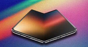 A foldable iPhone concept against a multi-colored background.