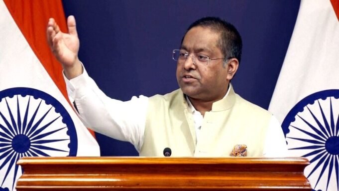 FILE PHOTO: Ministry of External Affairs spokesperson Randhir Jaiswal addresses a press briefing in New Delhi.