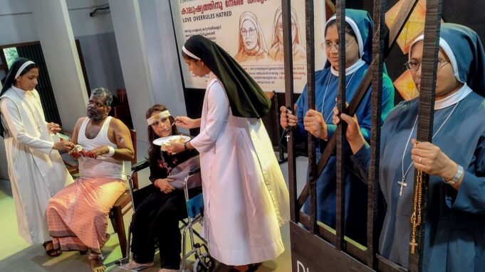 Kozhikode: An act being staged as part of a protest against the arrest of two Kerala nuns on allegations of forcible conversion and trafficking in Chhattisgarh, in Kozhikode, Kerala, Friday, Aug. 1, 2025.