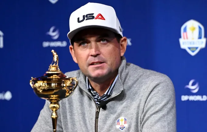 Keegan Bradley dari AS selama konferensi pers di Times Center, New York. Tanggal Gambar: Selasa 8 Oktober 2024. (Foto oleh Anthony Behar/PA Gambar via Getty Images)