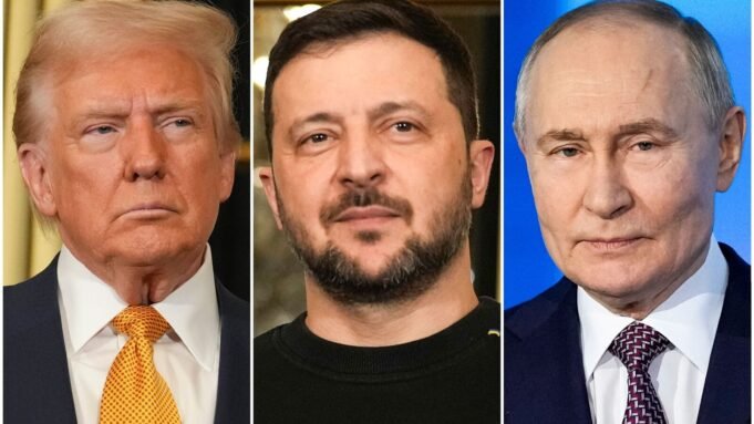 (From L to R): Donald Trump, Zelensky and Vladimir Putin. (AP Photo/Aurelien Morissard
