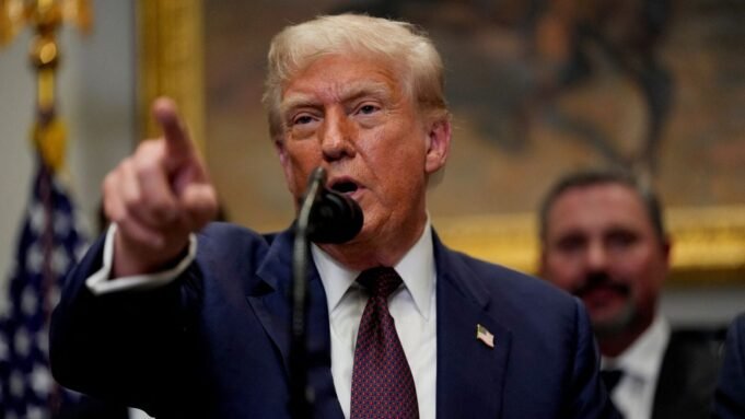 U.S. President Donald Trump points a finger as he delivers remarks in the Roosevelt Room at the White House in Washington, D.C., U.S., July 31, 2025. REUTERS/Kent Nishimura